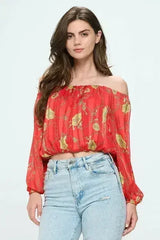 Off-Shoulder Chain Print Crop Top - Red & Black Chiffon Blouse - Femstylo