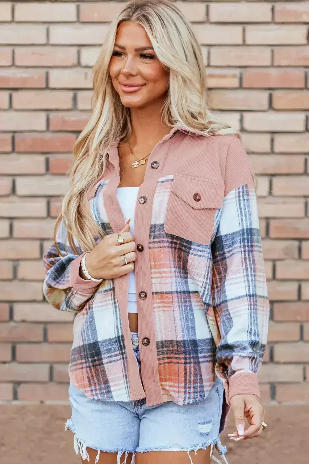 Cinnamon Plaid Corduroy Patchwork Chest Pocket Shacket - Femstylo