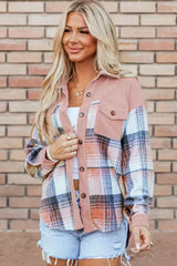 Cinnamon Plaid Corduroy Patchwork Chest Pocket Shacket - Femstylo