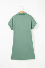 Bright Green Textured V Button Collared Mini Dress