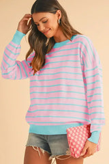 Pink Stripe Round Neck Drop Shoulder Loose Sweater - Femstylo