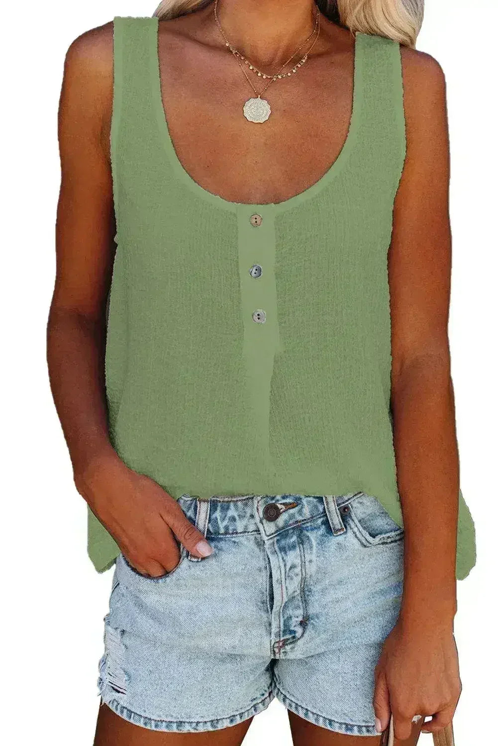 Button Textured Cotton Tank Top - Femstylo