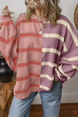 Pink Striped Patchwork Drop Shoulder Sweater - Femstylo