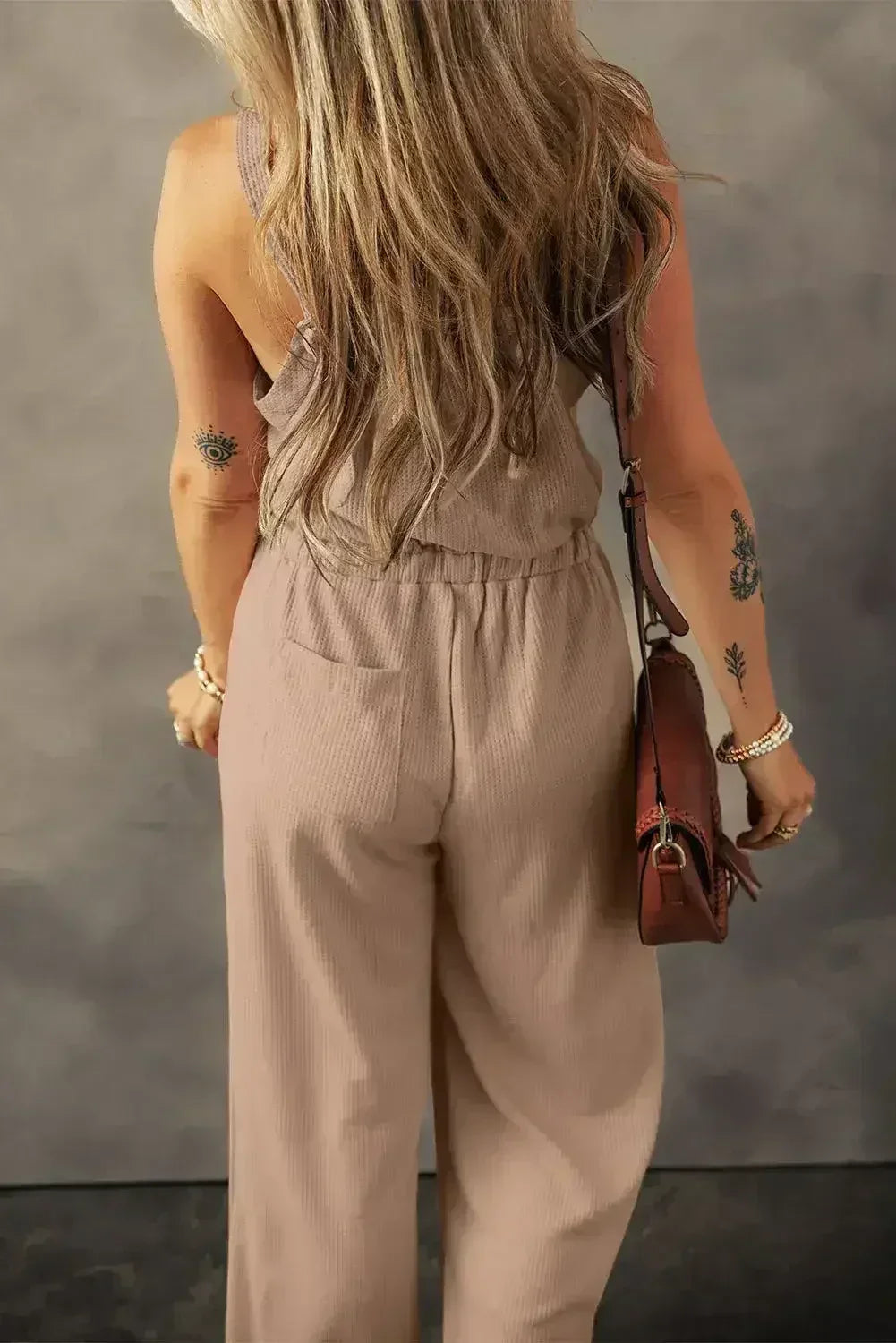 Moss Green Knotted Straps Button Textured Drawstring Jumpsuit - Femstylo