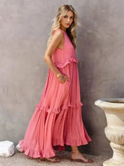 Ruffled Sleeveless Tiered Maxi Dress with Pockets - Femstylo