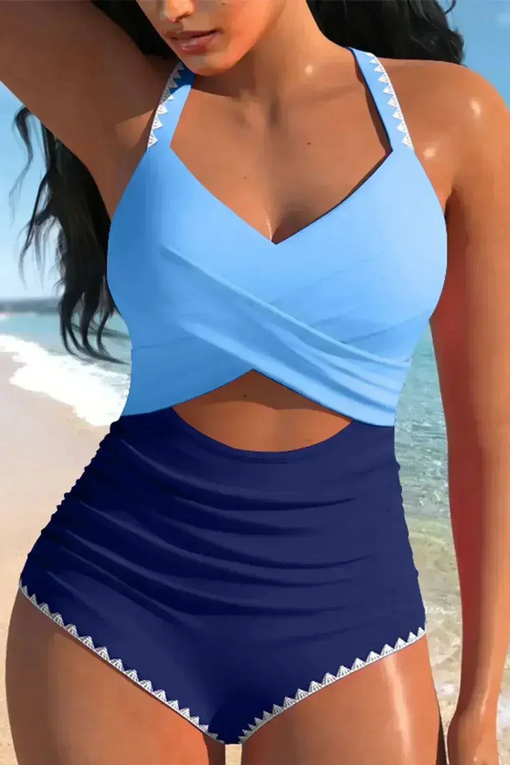 Rose Red Ric Rac Trim Colorblock Cutout One Piece Swimsuit - Femstylo