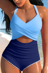 Rose Red Ric Rac Trim Colorblock Cutout One Piece Swimsuit