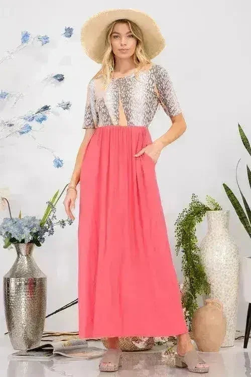 Celeste Full Size Leopard Round Neck Short Sleeve Maxi Dress Plus Size - Femstylo