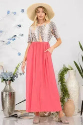 Celeste Full Size Leopard Round Neck Short Sleeve Maxi Dress Plus Size - Femstylo