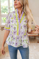Purple Floral Print Ruffle Pop of Color Neckline Blouse