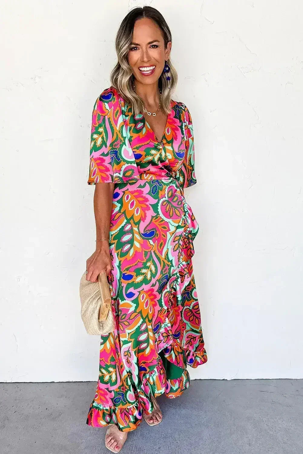 Rose Tropical Plant Print Surplice V Neck Ruffle Hem Maxi Dress - Femstylo