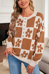 Thai Curry Flower Colorblock Checkered Henley Sweater