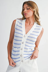 Sky Blue Striped V Neck Button Knit Vest