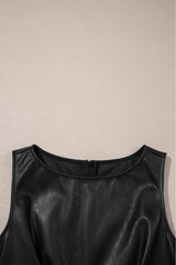Black Faux Leather Sleeveless Round Neck Mini Dress
