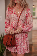 Pink Bohemian Floral Print Tassel Tie Long Sleeve Flowy Mini Dress