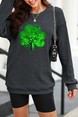 Black Sequin Embroidered Clover Corded Graphic Sweatshirt - Femstylo