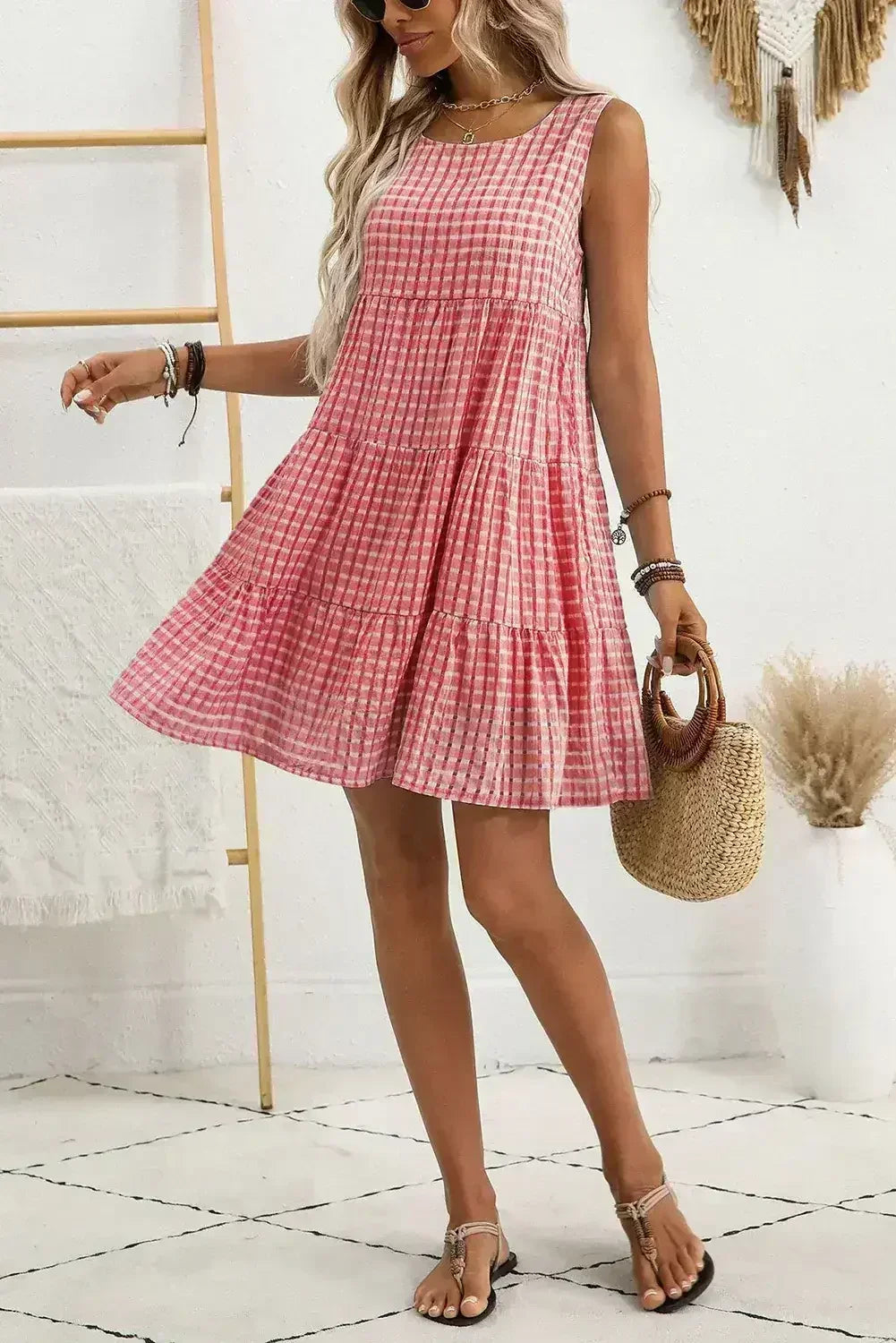 Light Blue Gingham High Waist Sleeveless Mini Dress - Femstylo