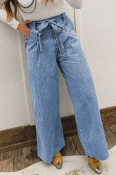Beau Blue Vintage Washed Knot Belt Wide Leg Jeans