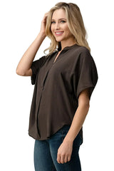 Effortless Dark Grey Oversized Button-Up Blouse for Women - Femstylo