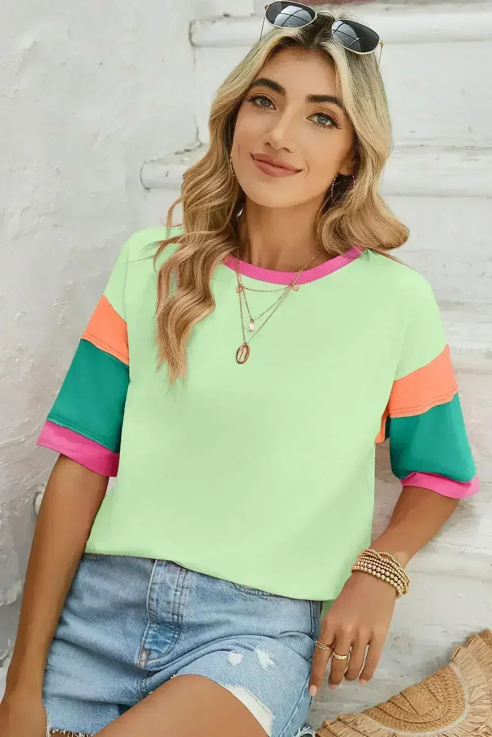 Light Blue Color Block Sleeve Round Neck Oversize Top - Femstylo