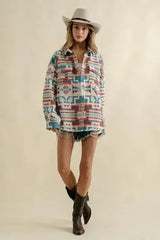 Frayed Aztec Western Shacket - Femstylo