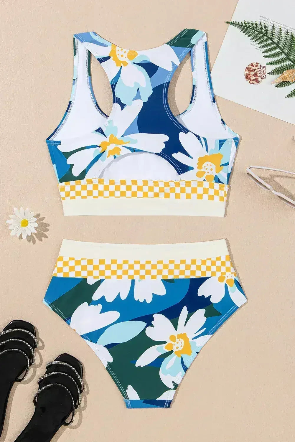 Green Floral Print Racerback High Waist Bikini Swimwear - Femstylo