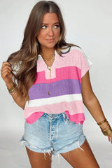 Multicolour Colorblock Notch V Neck Knit T Shirt