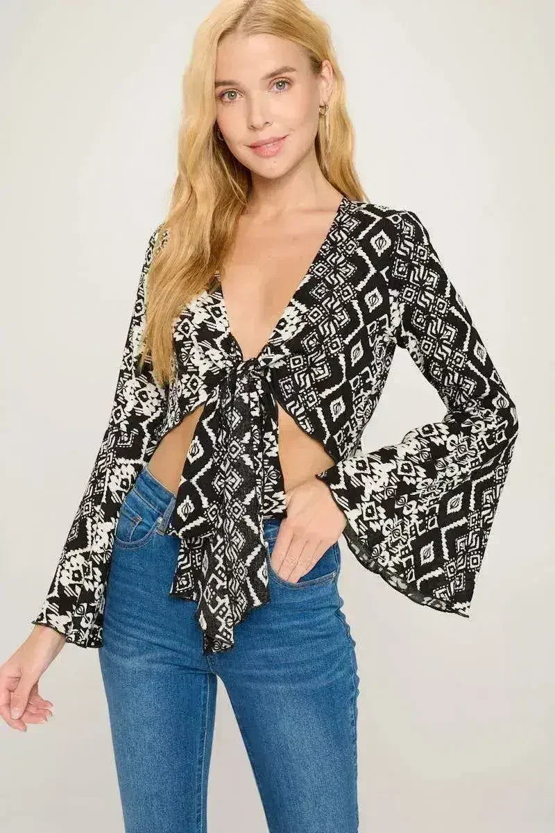 Boho Bell-Sleeve Crop Top | Floral Tie-Front | Sizes S-XL - Femstylo