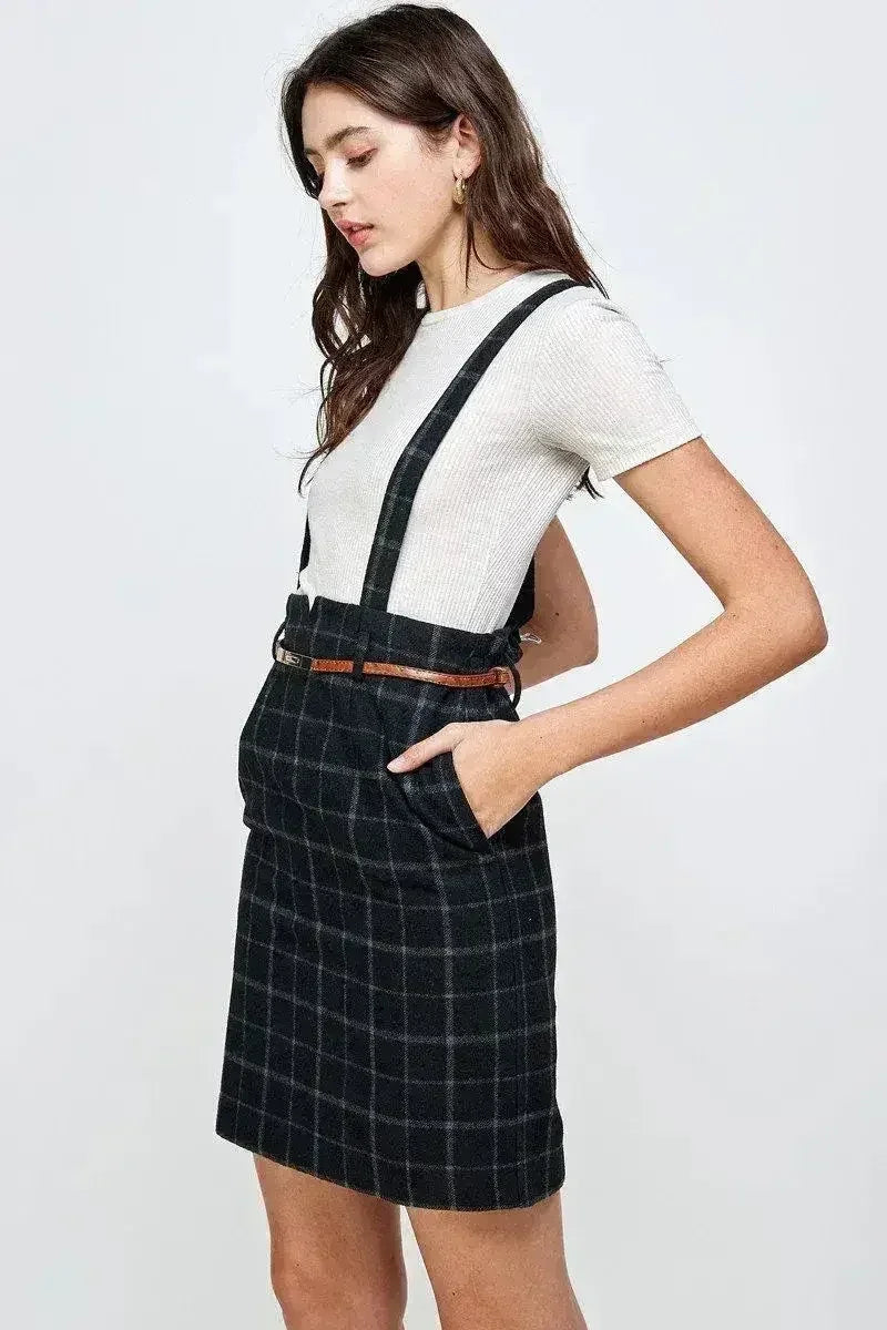 Plaid Suspender Skirt with Belt Detail - Femstylo