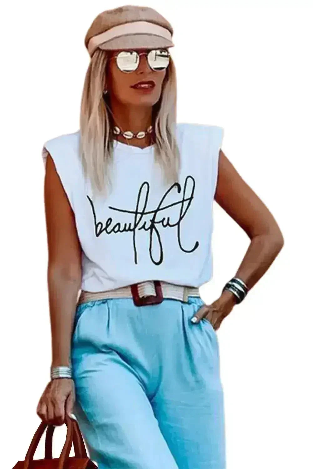 Padded Shoulder Letter Print Tank Top - Femstylo