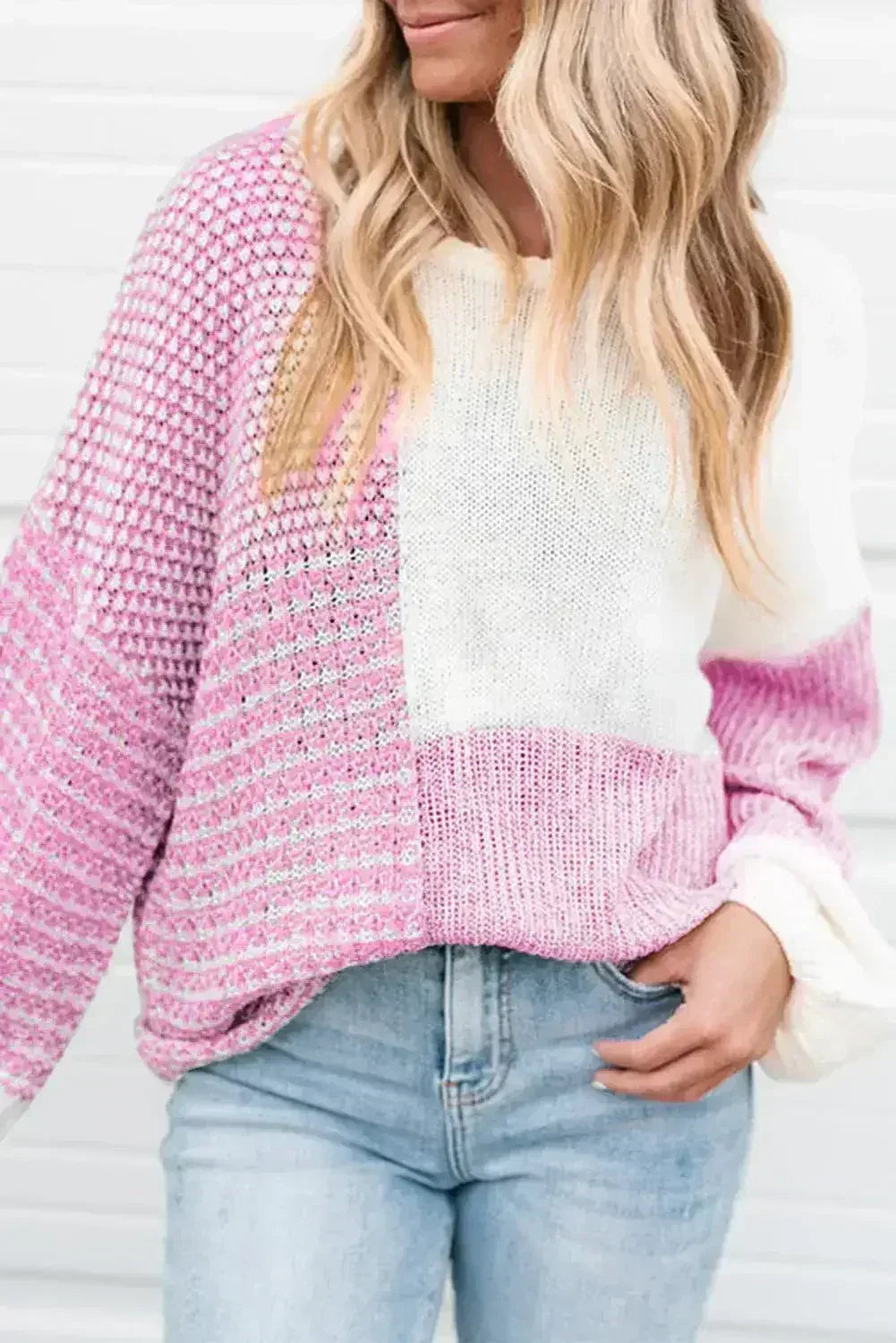 Pink Colorblock Tie Back Drop Shoulder Knit Sweater - Femstylo