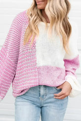 Pink Colorblock Tie Back Drop Shoulder Knit Sweater - Femstylo