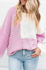 Pink Colorblock Tie Back Drop Shoulder Knit Sweater - Femstylo