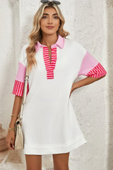 White Stripe Colorblock Sleeve Collared Pop of Color Neckline Dress