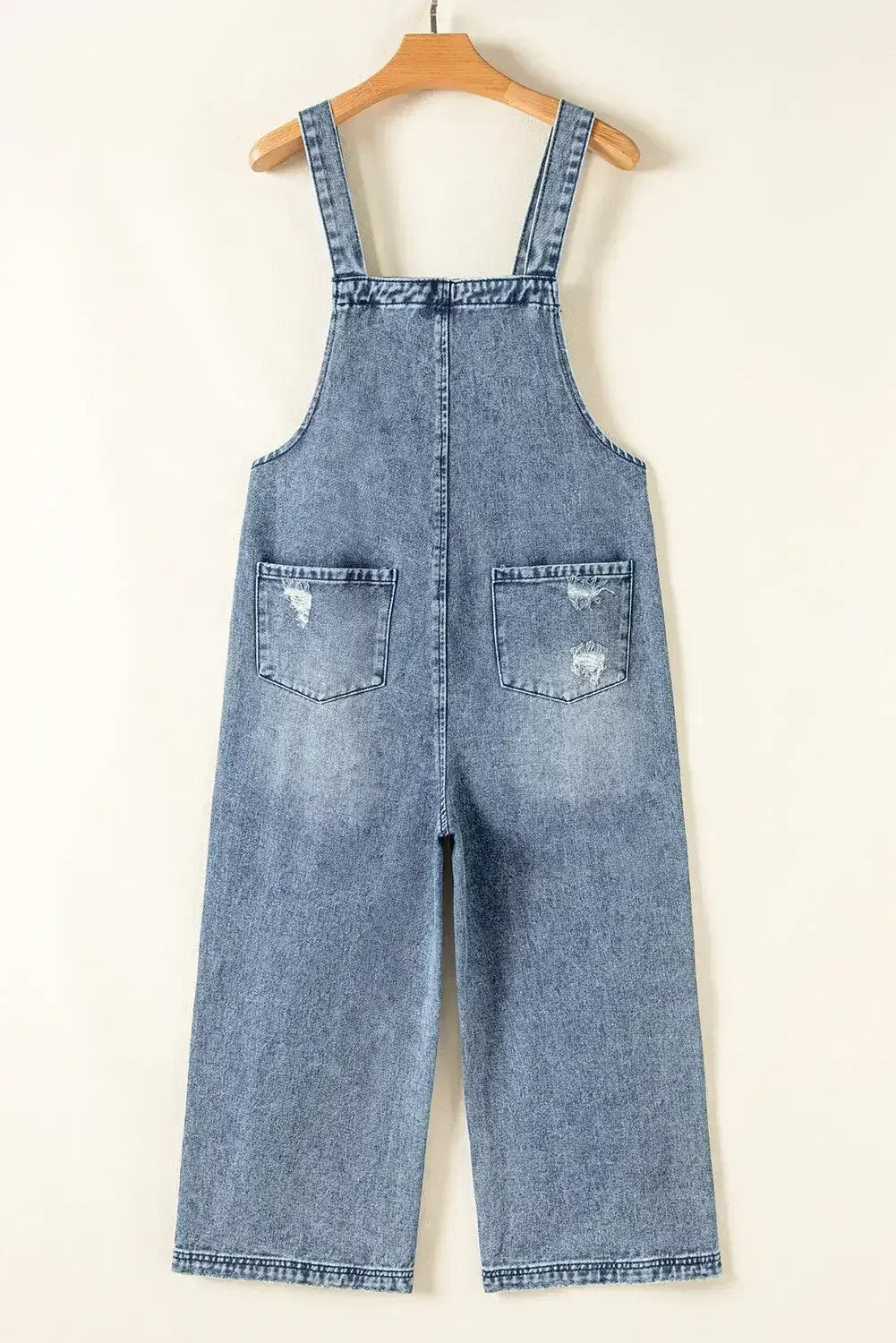 Stone Blue Distressed Bib Pocket Wide Leg Denim Overall - Femstylo
