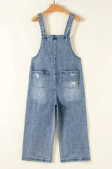 Stone Blue Distressed Bib Pocket Wide Leg Denim Overall - Femstylo