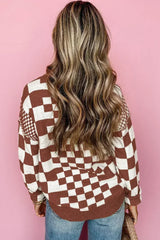 Brown Checkered Print Drop Shoulder Round Neck Sweater - Femstylo