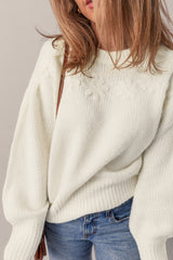 White Flower Detail Round Neck Contrast Textured Puff Sleeve Sweater