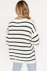 White Stripe Drop Shoulder Bracelet Sleeve Henley Knit Tee