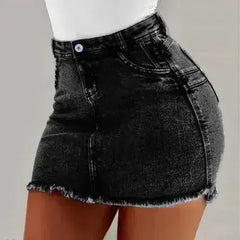 Women's High Stretch A-Line Mini Skirt in Washed Denim - Femstylo