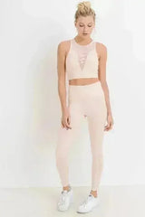 Highwaist Hybrid Mesh & Lattice Straps Full Pocket Leggings - Femstylo