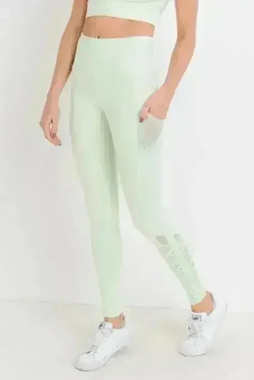 Highwaist Hybrid Mesh & Lattice Straps Full Pocket Leggings - Femstylo