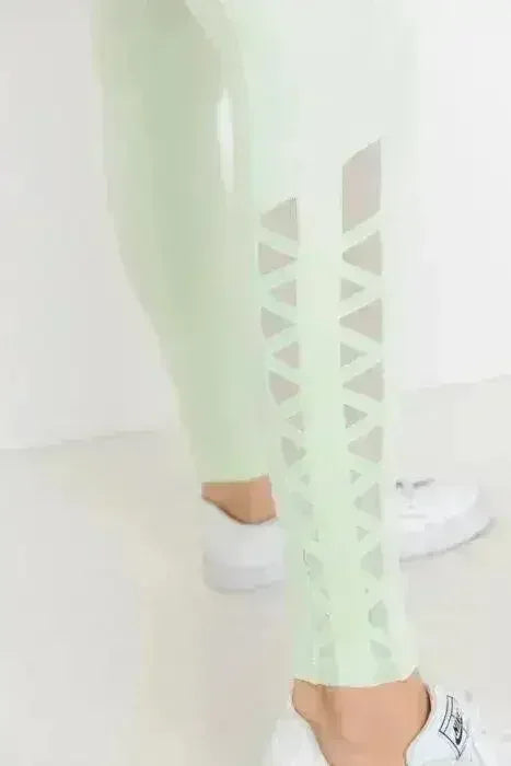 Highwaist Hybrid Mesh & Lattice Straps Full Pocket Leggings - Femstylo