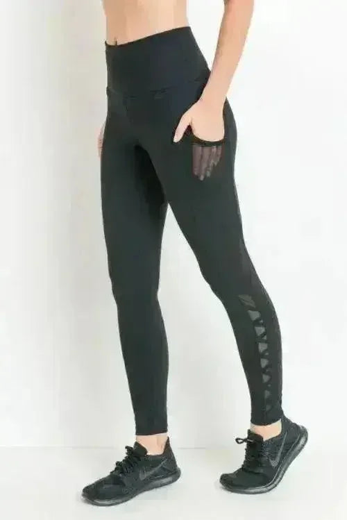 Highwaist Hybrid Mesh & Lattice Straps Full Pocket Leggings - Femstylo