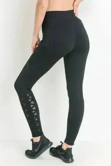 Highwaist Hybrid Mesh & Lattice Straps Full Pocket Leggings - Femstylo