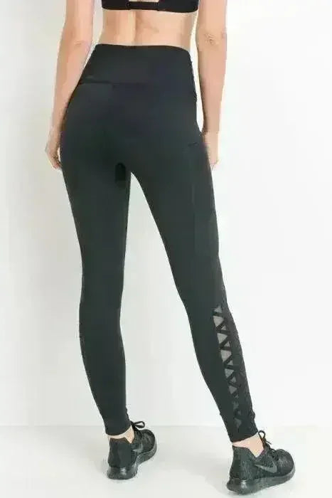 Highwaist Hybrid Mesh & Lattice Straps Full Pocket Leggings - Femstylo