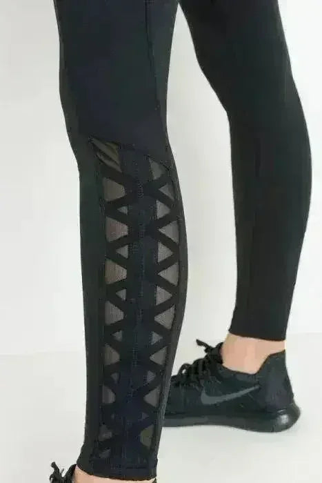 Highwaist Hybrid Mesh & Lattice Straps Full Pocket Leggings - Femstylo