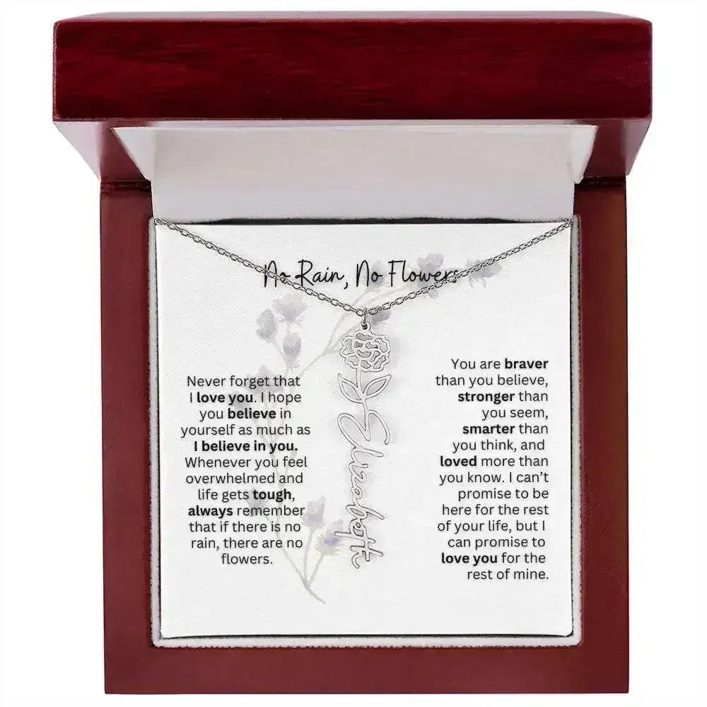 Birth Flower Necklace With Name I No Rain - No Flowers | For Bonus Daughter - Femstylo