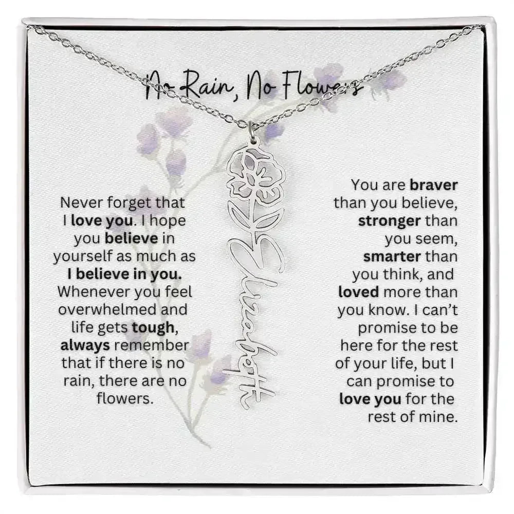 Birth Flower Necklace With Name I No Rain - No Flowers | For Bonus Daughter - Femstylo