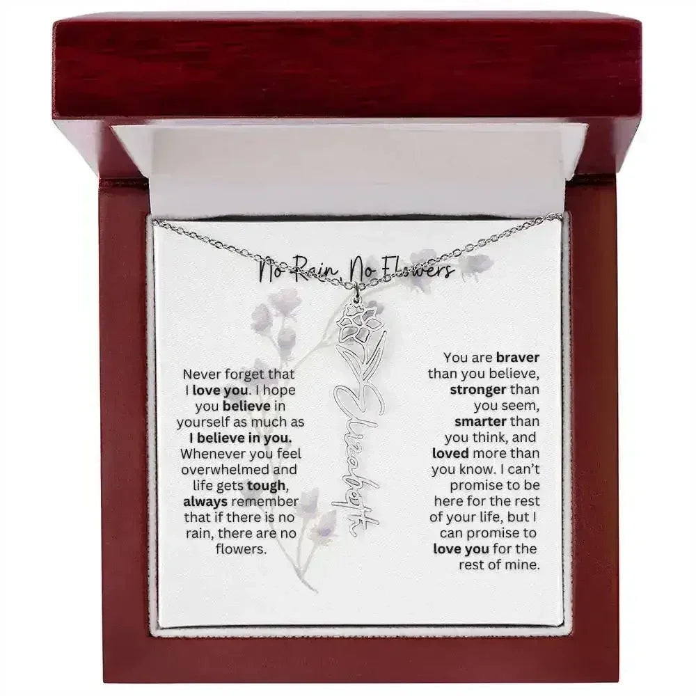 Birth Flower Necklace With Name I No Rain - No Flowers | For Bonus Daughter - Femstylo